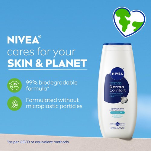 NIVEA Derma Comfort Caring Body Wash for Normal to Dry Skin, Body Wash with Hyaluronic Acid and Provitamin B5, 16.9 Fl Oz Bottle, Pack of 3