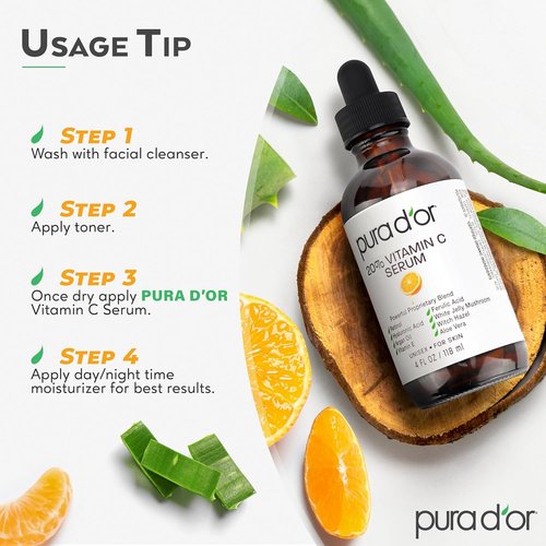 PURA D'OR 20% Vitamin C Facial Serum - Antioxidant Blend with Retinol & Hyaluronic Acid | 4 Oz Hydrating Formula for Daily Use