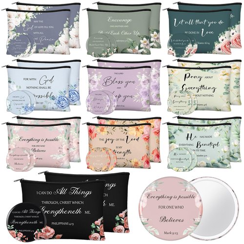 Abbylike 40 Pcs Christian Gift for Women Include 20 Bible Verse Makeup Bags 20 Christian Compact Mirrors Inspirational Religious Scripture Gift for Mom Sister Birthday Christmas(Retro Style)