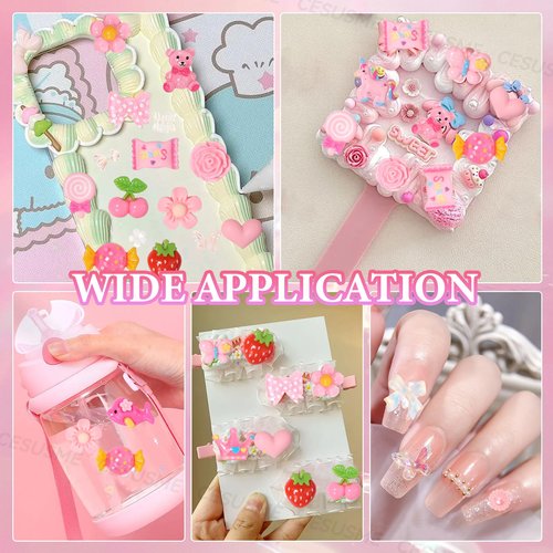 330 Pcs Junk Case Charm Kit, Bear Candy Cartoon Junk Phone Case Charm, Pink White Moon Star Pearls for Junk Cases, Flatback Resin Slime Charms for Nail Art Supplies Craft DIY
