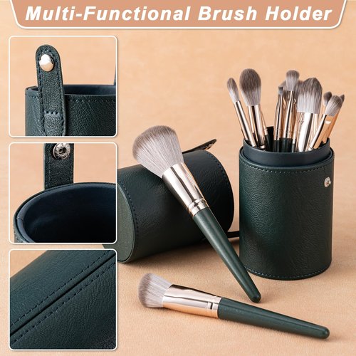 Amrules Makeup Brushes, 14 Pcs Professional Makeup Brush Set, Eye and Face Foundation Brush Set, Eyeshadow Brushes, Cosmetic Brushes with 2 Blender Sponge and PU Makeup Pail, Dark Green