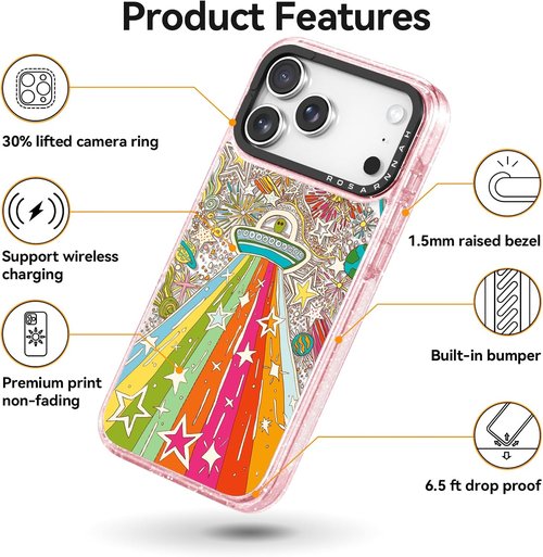 Rosarnnah iPhone 17 Pro Max Case - Cute Glitter Pink ET Alien Design | Durable Shockproof 6.6 ft Drop Protection (6.9")