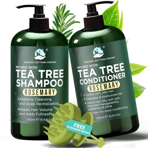 Rosemary Shampoo and Conditioner Set - Tea Tree & Rosemary Oils for Scalp Relief | Sulfate-Free, Boosts Shine + Free Scalp Brush | 16.9 fl oz