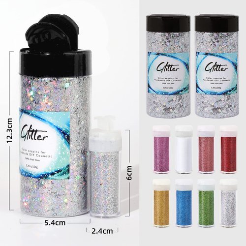 Craft Glitter, 380g Nail Glitter Powder 10 Jars Glitter with Tools,AARDWO Vibrant Multi-Purpose Glitter for Body,Eyeshadow,Cosmetic,Nail Arts,Crafts,Decoration,DIY(Star&Moon Shape, Silver)