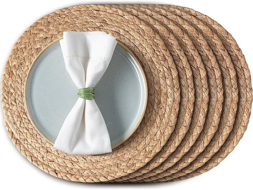 Aofmee Round Woven Placemats Set of 6 - Boho Rattan Table Mats in Natural Water Hyacinth for Rustic Dining Decor