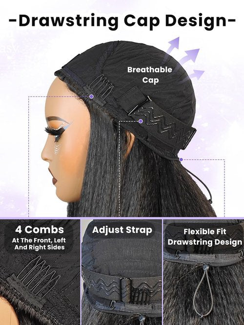 catti Half Wig Yaki Straight Ombre Black Grey Synthetic Hair 3 in 1 Kinky Straight Wigs Flip Drawstring Wig Glueless Wigs Ready to Go Headband Wig for Women 22 Inch