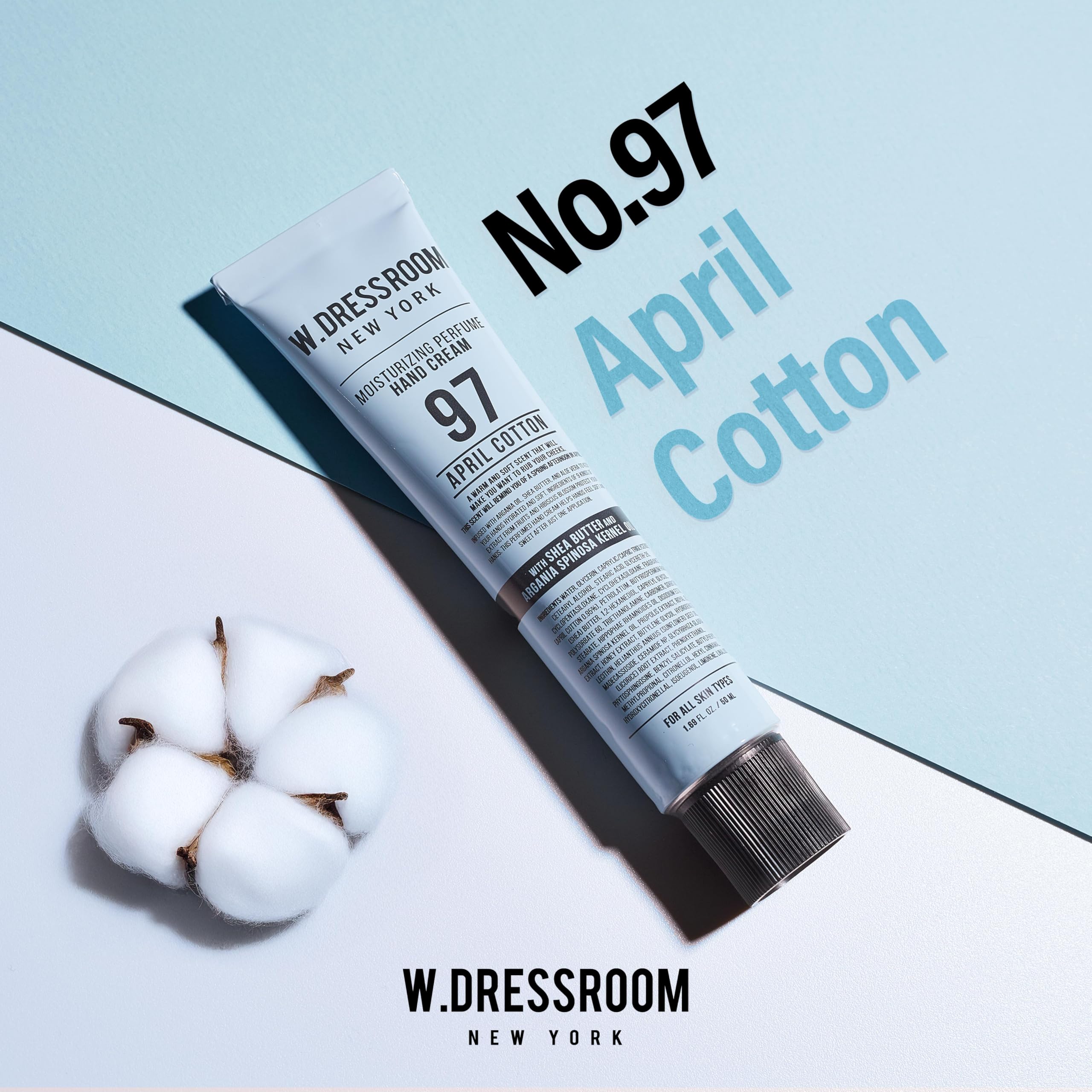 W.Dressroom Moisturizing Hand Cream for Dry Hands, Non-Greasy, Quick-Absorbing Korean Hand Lotion, Travel Size 1.69 fl oz (50 ml), No.97 April Cotton Scent