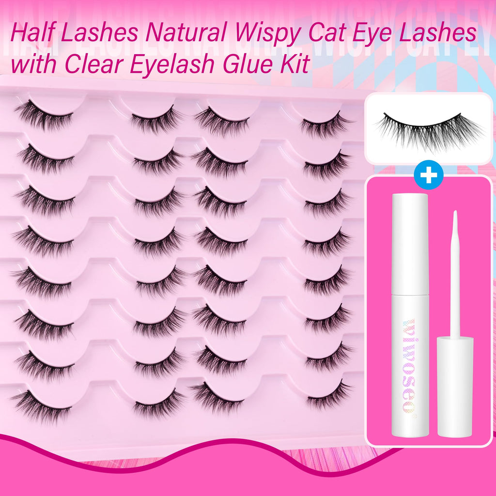 wiwoseo Half Lashes Natural Eyelashes with Glue Cat Eye Lashes Natural Look False Eyelashes with Lash Glue Pestañas Postizas Naturales Half Eyelashes Kit with Clear Eyelash Glue 16 Pairs
