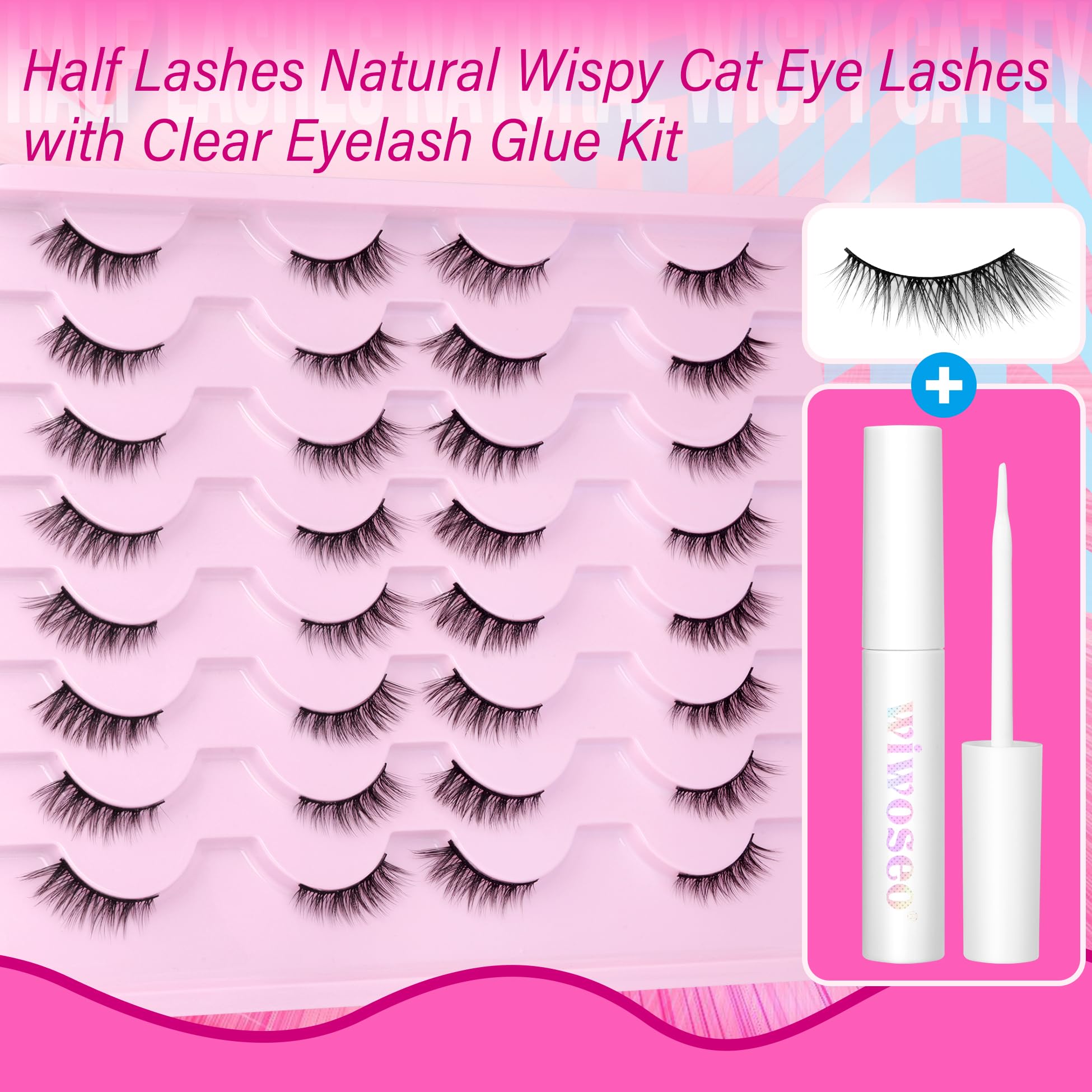 wiwoseo Half Lashes Natural Eyelashes with Glue Cat Eye Lashes Natural Look False Eyelashes with Lash Glue Pestañas Postizas Naturales Half Eyelashes Kit with Clear Eyelash Glue 16 Pairs