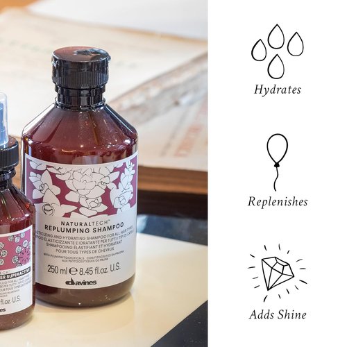 Davines Naturaltech Replumping Shampoo - Moisturizing Formula for Fine Hair | 8.45 Fl Oz with Plum Phytoceuticals
