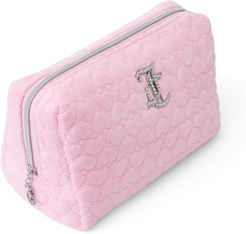 Juicy Couture Pink Makeup Bag - Travel Organizer with Zip Top & Heart Logo Design
