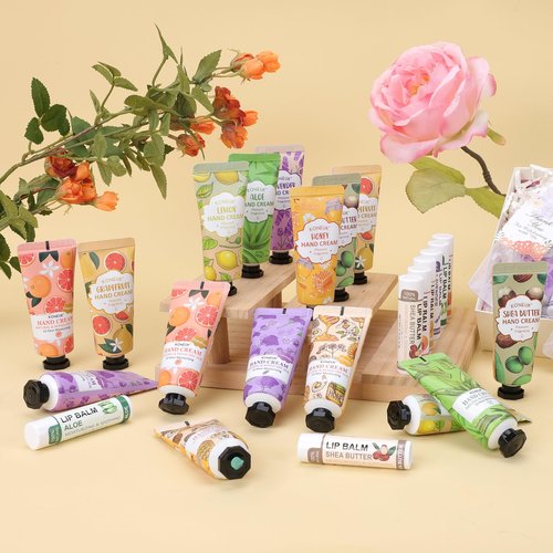 KONEUK 36 Pack Hand Cream Bulk and Lip Balm Bulk Sets, Easter Basket Stuffers, Thank You Gifts and Birthday Gifts with Thank You Card Organza Bags, Mothers Day Gifts, Teacher Gifts, Nurse Gifts