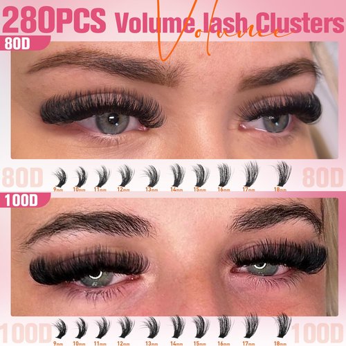EYDEVRO Fluffy Lash Clusters Kit 80D100D Volume Lash Extension Kit 280 Pcs Left/Right Cluster Eyelash Extension Kit D Curl Thick Mega Lash Clusters with Waterproof Lash Bond and Seal and Lash Tweezers