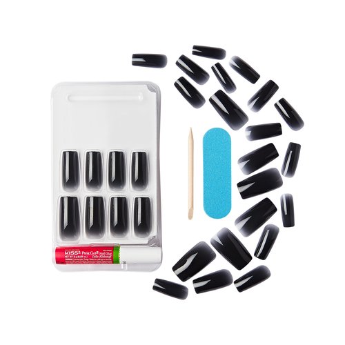 KISS Gel Fantasy Press On Nails, Nail glue included, 'Jelly Gelée', Black, Long Size, Square Shape, Includes 28 Nails, 2g glue, 1 Manicure Stick, 1 Mini File