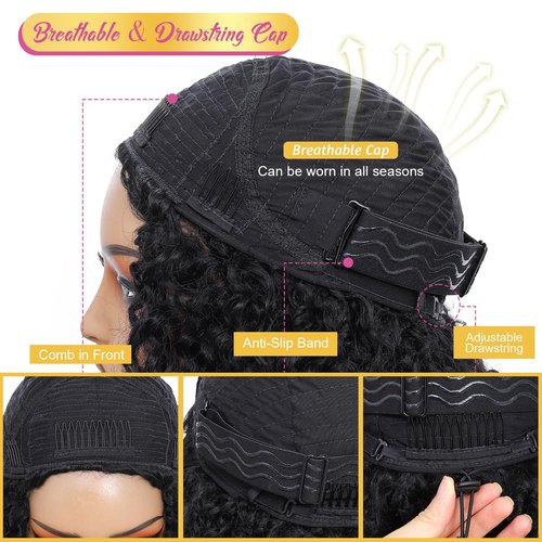 Urbeauty Half Wigs for Black Women Short Kinky Curly 3 in1 Half Wig Human Hair Soft Feeling Protein Silk Synthetic Hair Soft Lightweight Glueless Quick Install, Beginner Friendly Daily & Flip Over Wig