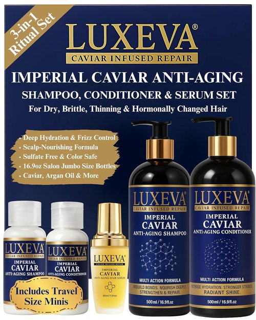 LUXEVA 3 in 1 Imperial Caviar Shampoo & Conditioner Set - Hydrating, Bond Repair for Dry, Damaged Hair | 90-Day Supply