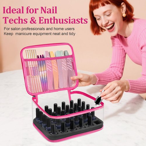 Subay Nail Polish Organizer, Clear Nail Polish Storage Organizer Case Holds 30 Bottles, Portable PVC Nail Travel Bag for Nail Polish Display, Nail Supplies Kit Bag for Nail Tech Organization, Rose Red