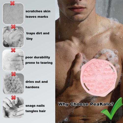 PeaKalo Silicone Body Scrubber for Men Women, Dual-Sided Gentle Exfoliating Body Scrubber Scalp Scrubber Massager for Deep Cleansing, Soft Silicone Loofah Body Brush with Hanging Holes (Black+Pink)