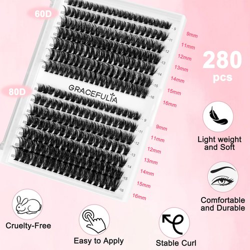 GRACEFULIA Fluffy Lash Clusters Kit 60D+80D, DIY Lash Extension Kit with 280PCS 10-18mm Thick Individual Lashes, Bond & Seal, Tweezers for Eyelash Extensions at Home