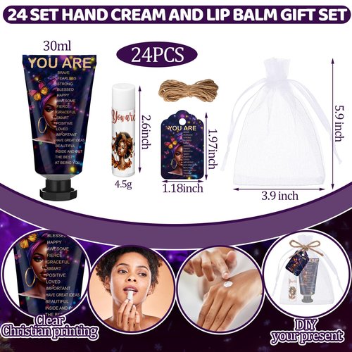 Swiffen 24 Sets Christian Hand Cream and Lip Balm Gift Set Christian Gift for Women Travel Size Hand Lotion Bible Verse Lip Balm Bulk for Baby Bridal Shower Mom Mothers Day Gifts(African American)