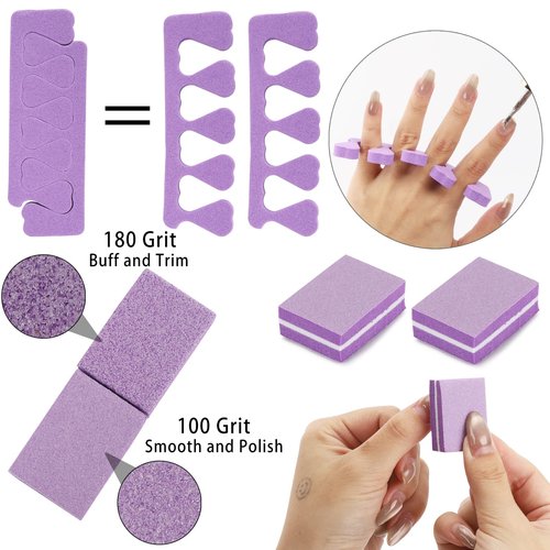 102pcs Toe Separators Set - Premium Pedicure Tool Super Soft Pedicure Toe Separator- Mini Nail Buffer Block File 80/100 Grit 2 Sided, Purple