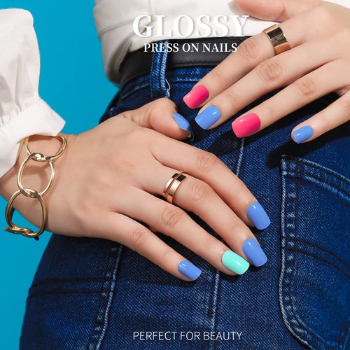 Teenitor Short Press On Nails with Glitter, 12 Sizes Square, Matte & Glossy Finish