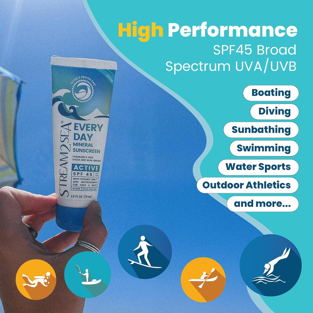 Stream2Sea SPF 45 Mineral Sunscreen - Biodegradable & Reef Safe | 2.5 Fl Oz Non-Greasy Protection for Face & Body