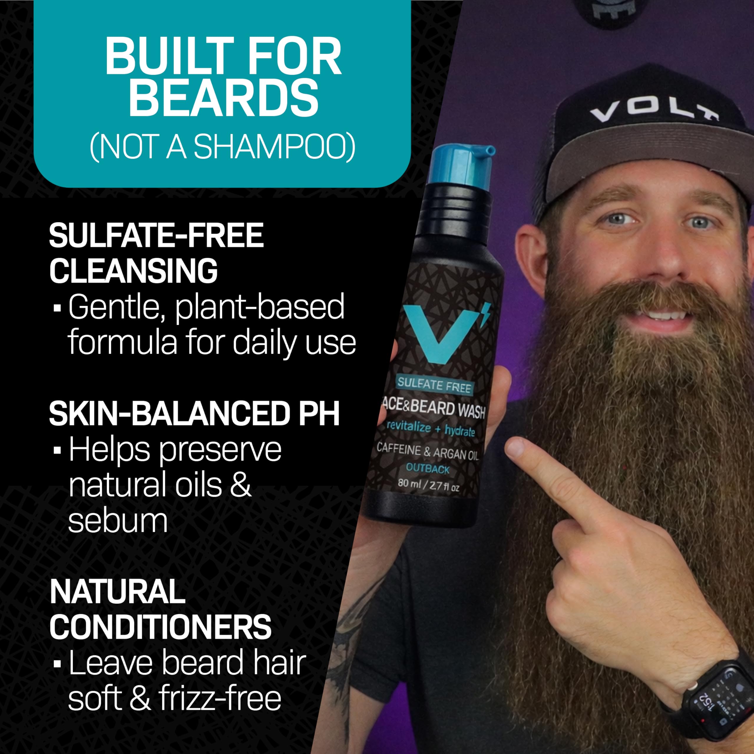 VOLT Face & Beard Wash for Men, Sulfate Free Cleanser with Shea Butter, Argan Oil & Caffeine, Plant Based, Hydrating & Conditioning, Outback Sandalwood Scent, Refillable Aluminum Bottle, 5 Oz Bottle