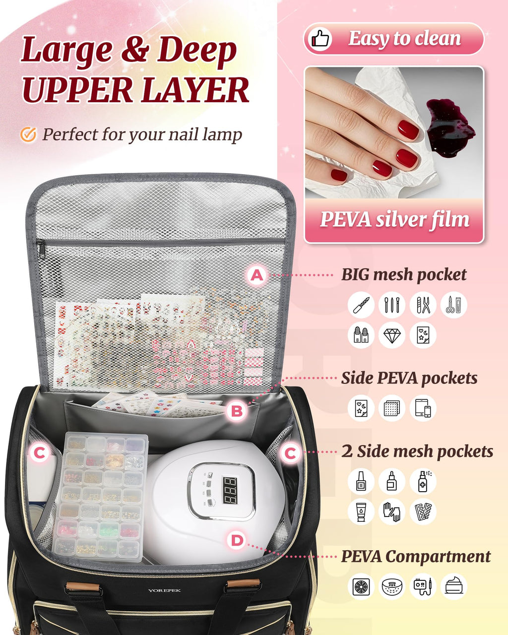 YOREPEK Extra Large Nail Polish Organizer Case Backpack Holds 96 to 100+ Bottles(15ml/0.5 fl.oz) UV Nail Lamp,Nail Organizers and Storage with 2 Removable Pouches Fits Nail Stuff,Gifts for Manicurist
