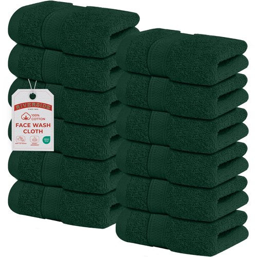RIVERSIDE 12 Pack Premium 100% Cotton Face Wash Cloths, 12 x 12 Inches, Soft & Absorbent Face Towels for Bathroom Wash Clothes, 550 GSM, Luxury WashCloths for Showering, Body, Spa & Gym, Hunter Green