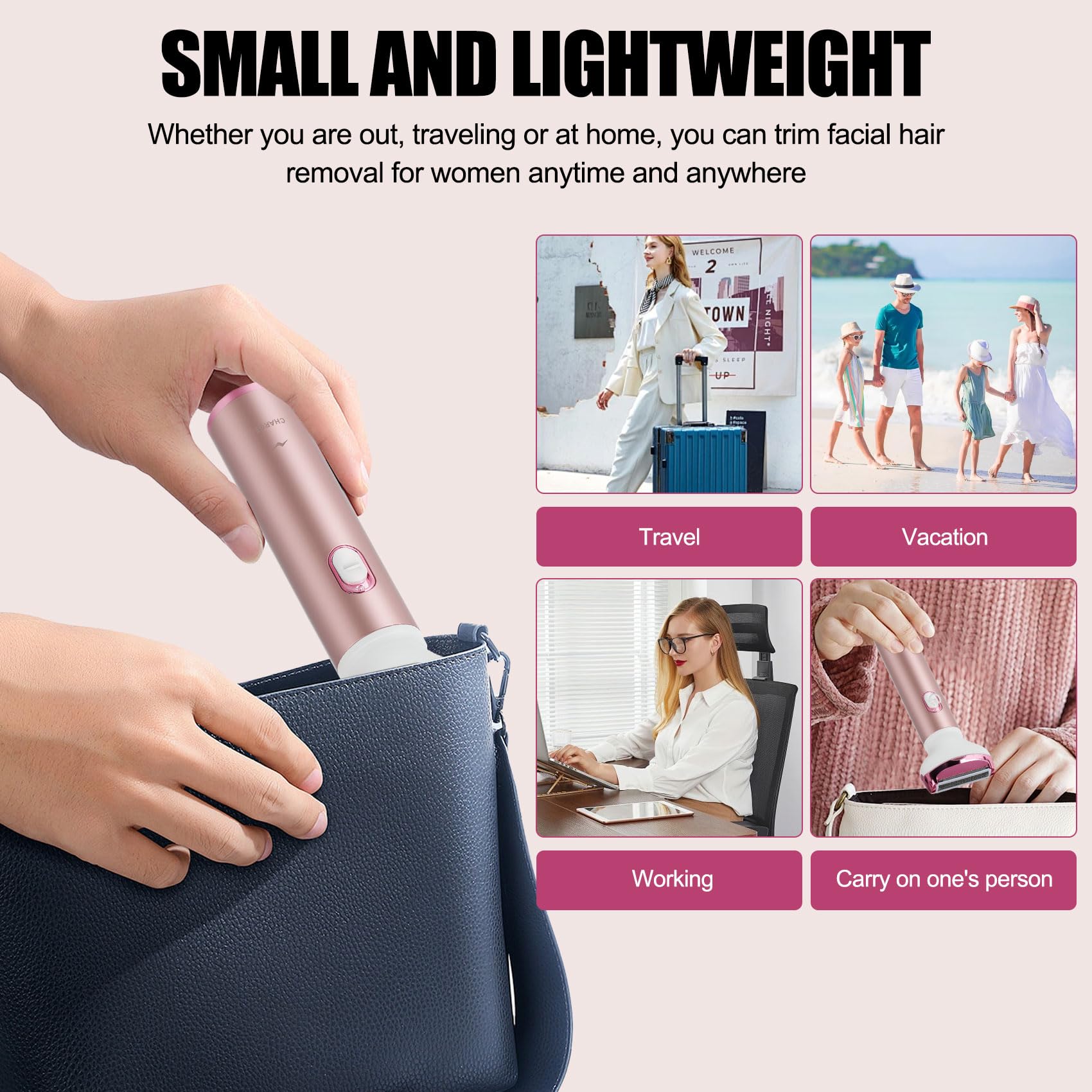 Women Face Epilator, 4-in-1 Portable Design Facial Epilator, Rechargeable Facial Hair Removal for Women & Men, Waterproof Facial Shaver for Face, Ears, Nose, Eyebrow, Body