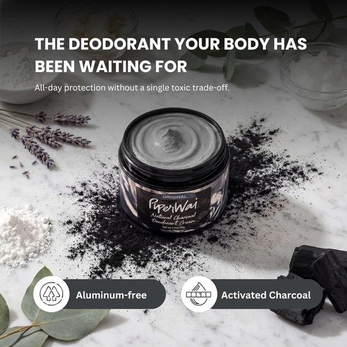 PiperWai Natural Deodorant Cream - Aluminum-Free, Activated Charcoal & Magnesium | 1.7oz (50g) Scented Jar 2-Pack