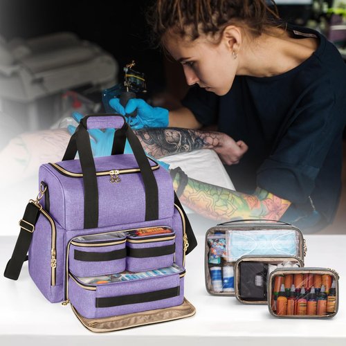 LUXJA Large Tattoo Travel Case with 3 Removable Pouches, Tattoo Supplies Organizer for Tattoo Stencil Printer and Tattoo Kit, Purple