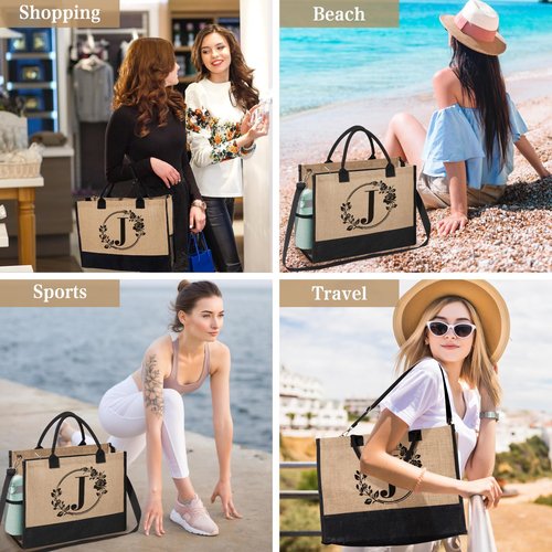 Personalized Gifts for Women, Initial Jute Tote Bag Beach Bag Makeup Bag, Monogrammed Birthday Gifts Tote Bag for Mom Women Her