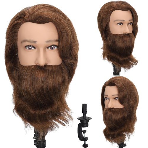 TKIMHEQ 14" Male Mannequin Head with Beard 100% Human Hair Haircut Manikin Head for Cosmetology Straight Thick Hair Doll Head with Human Hair with Stand Practice Cutting Styling (Brown#)