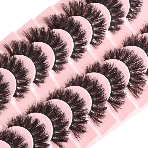FARRED False Lashes Wispy Natural Strip Eyelashes 14mm Cat Eye Mink Lash Strips Full Volume Fake Cateye Eyelash Pack Natural Look 10 Pairs Short Thick Fluffy Pestañas Postizas for Women