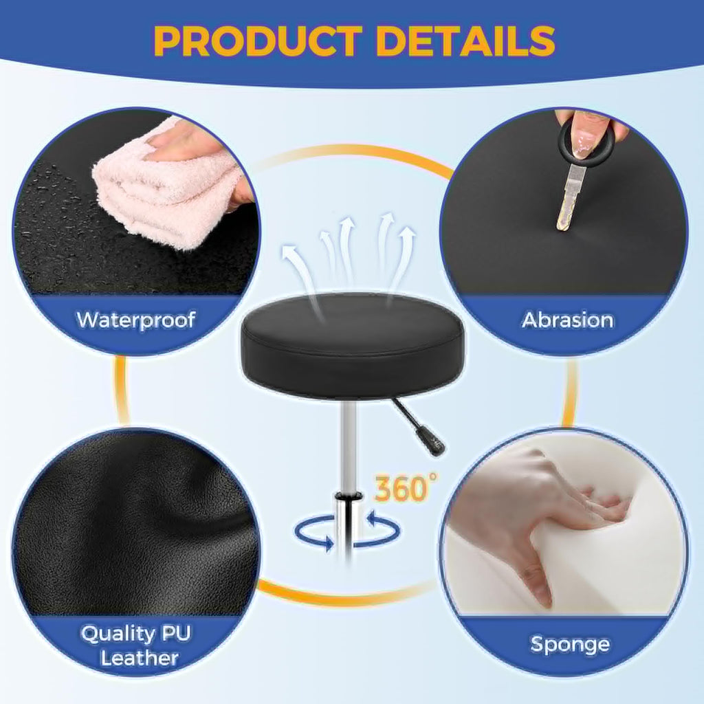 ANWBROAD Round Rolling Stool with Wheels Height Adjustment 360° Swivel Stool Heavy Duty Wide Chair PU Leather Soft Seat Cushion for Massage, Salon, Bar, Home, Office, Tatoo, Medical, Black UWSC001B