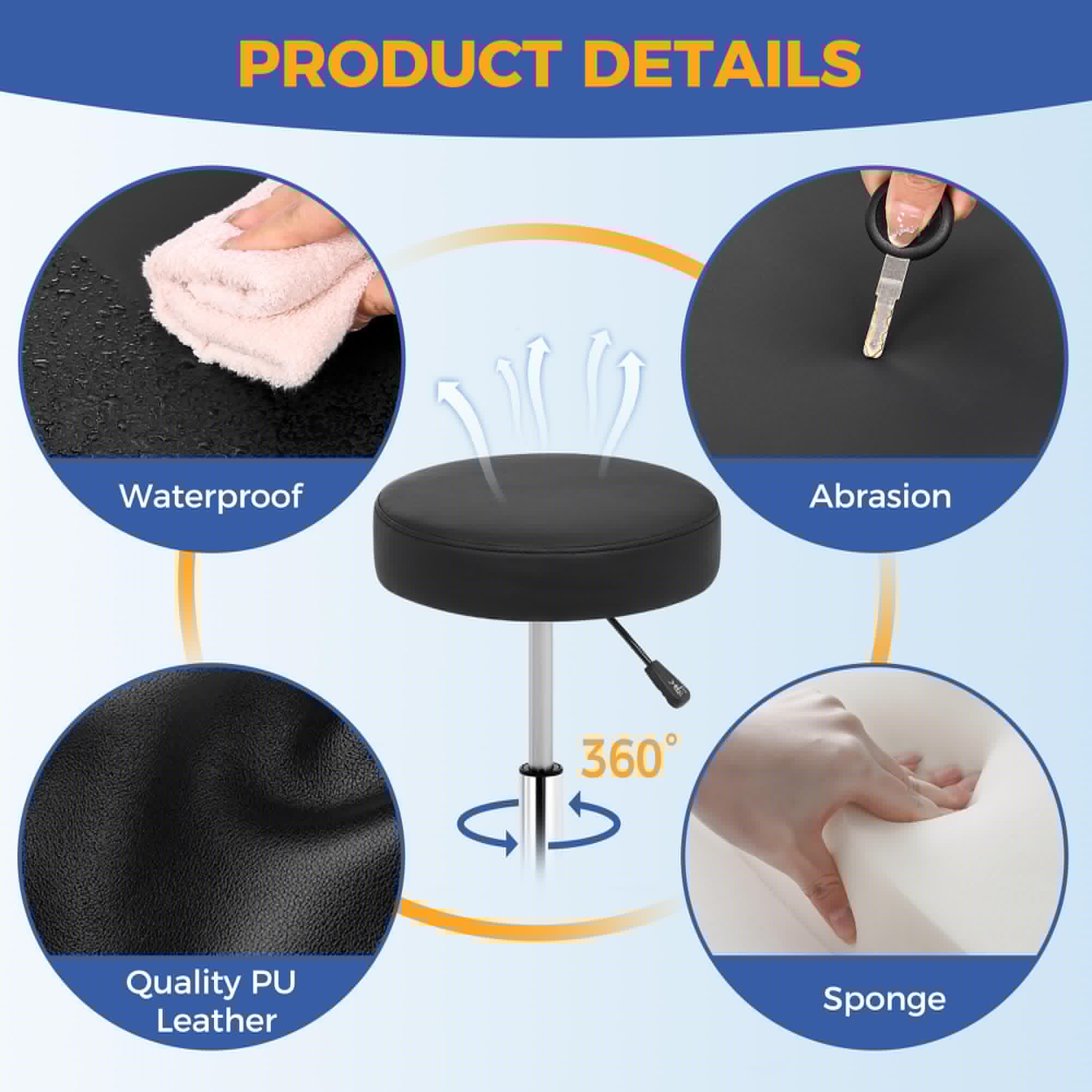 ANWBROAD Round Rolling Stool with Wheels Height Adjustment 360° Swivel Stool Heavy Duty Wide Chair PU Leather Soft Seat Cushion for Massage, Salon, Bar, Home, Office, Tatoo, Medical, Black UWSC001B