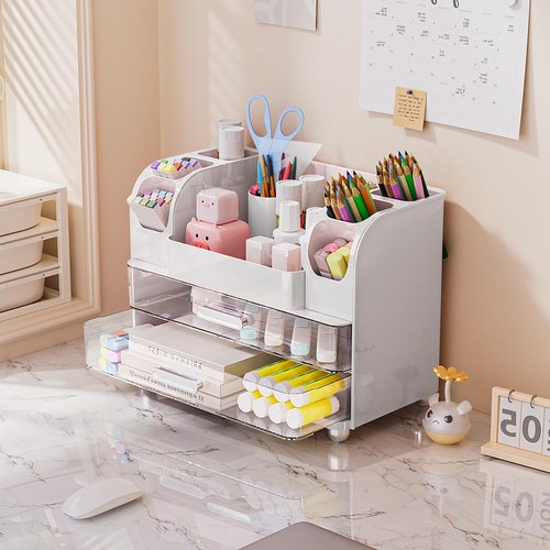 Delamu Makeup Organizer Countertop with 6 Brush Holder, Bathroom Countertop Organizer with 2 Large Drawers, Cosmetic Display Case for Vanity, Ideal Christmas Gifts for Women Girls, Light White