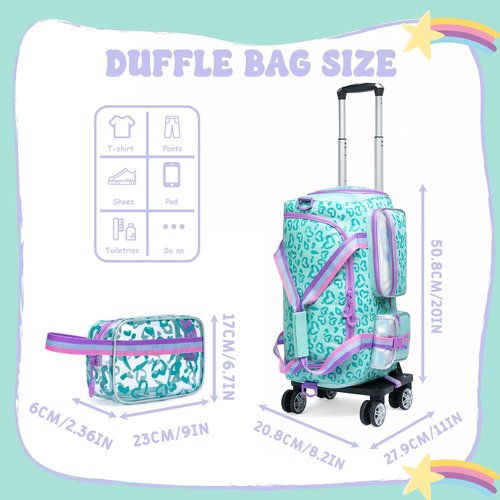 Kids Rolling Duffle Bag with Wheels for Girls - Travel Overnight Bag with Makeup and Toiletry Bag - Dance Bag for Women