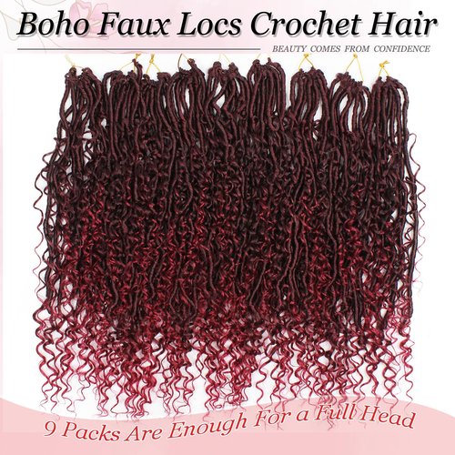 Haftaluv Boho Faux Locs Crochet Hair 9 Packs Long Goddess locs 24 Inch Boho Soft Locs With Curly Ends Pre Looped Bohemian River Loc Crochet Hair For Women (24 inch,TBUG)