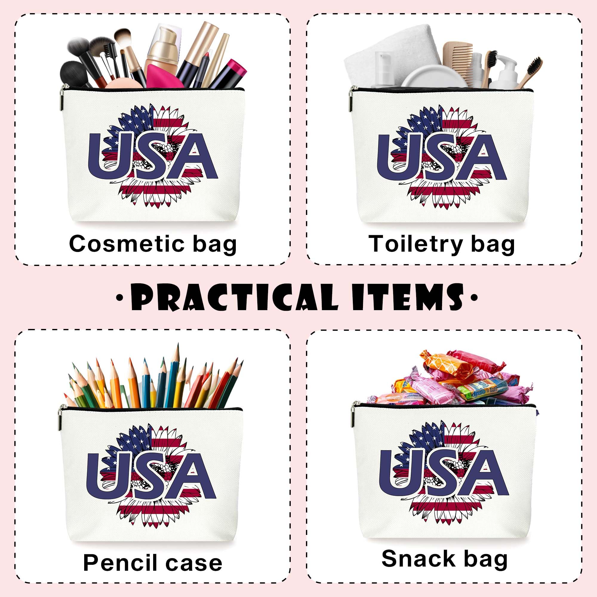 ZYQFN American Flag ‘USA’, Makeup Bag, Cosmetic Bag, Flower Pattern, Gifts For Birthday, Mothers Day, Christmas Day, Independence Day, For Women, Friends, Sisters, Ladys, Patriotic Decorations. (032)