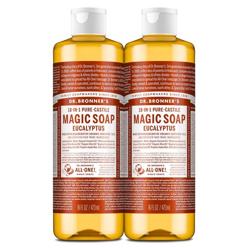 Dr. Bronner's Magic Soap - Pure-Castile Liquid Soap (Eucalyptus, 16 ounce, 2-Pack) -Regenerative Organic Certified Oils, 18-in-1 Uses: Body, Hair, Laundry, Pets & Dishes, Concentrated, Vegan, Non-GMO