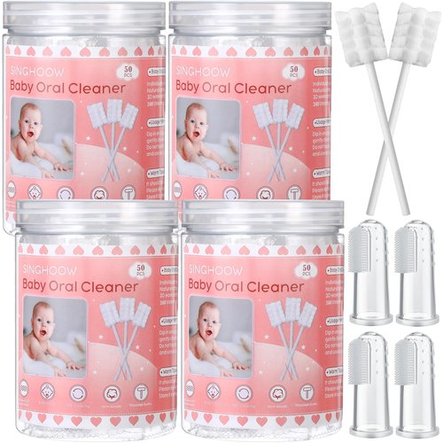 Singhoow 200 Pieces Baby Tongue Cleaner Disposable Infant Oral Cleaner with 4 Pieces Finger Toothbrush Soft Gauze Baby Mouth Newborn for Tooth Mouth Dental Care(Pink)