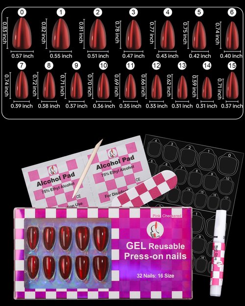 OIFEN Burgundy Red Cat Eye Press on Almond Nails Short 16 Sizes Glass Glossy Gel Fake Manicure with Glue & Stick