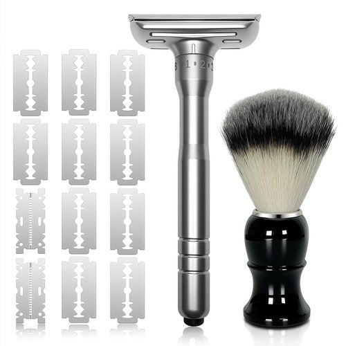 Adjustable Double Edge Safety Razor Shaving Kit for Men & Women - Shaving Brush, 10 Relacement Blades, Cleaning Brush & Razor Holder, Gift for Him, Boyfriend, Dad, Husband