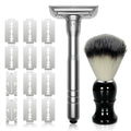 Adjustable Double Edge Safety Razor Shaving Kit for Men & Women - Shaving Brush, 10 Relacement Blades, Cleaning Brush & Razor Holder, Gift for Him, Boyfriend, Dad, Husband
