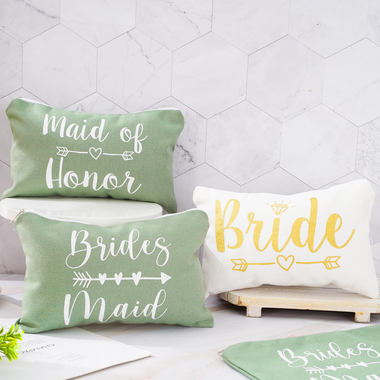 Whaline 8Pcs Bridesmaids Makeup Bags Wedding Bridal Cosmetic Canvas Organizer Bag Sage Green Maid of Honor Zipper Cosmetic Pouch for Women Wedding Bridal Shower Party Favor Supplies