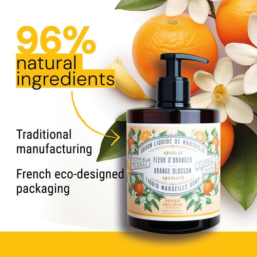 Panier des Sens - Fancy Orange Blossom Moisturizing Liquid Hand Soap - French Provence Hand Wash - Savon de Marseille Soap with Olive Oil - Refillable Bottle - 97% Natural Ingredients - 16.9 Fl Oz