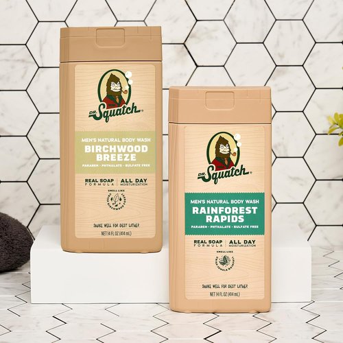 Dr. Squatch Natural Men's Body Wash - Nourishing & Moisturizing Shower Gel | Birchwood Breeze + Rainforest Rapids (14 oz, 2-Pack)